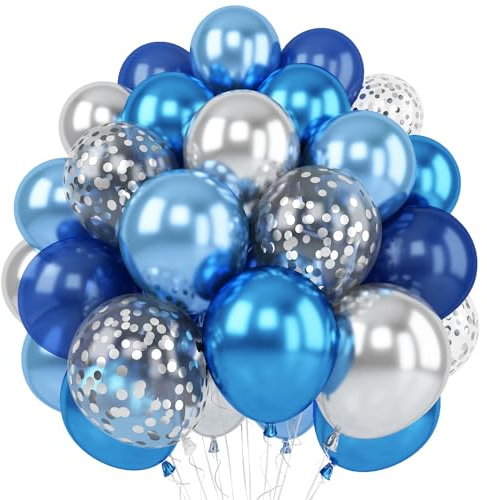 Blue Silver Balloon 12Inch Dark Metallic Blue Silver Confetti Latex Balloon