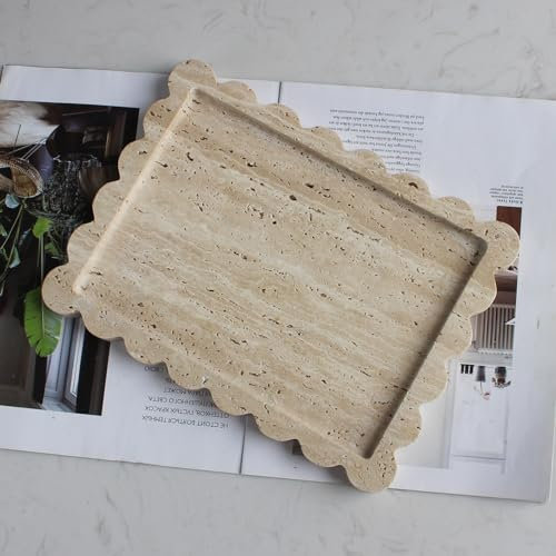 Natural Beige Travertine Scalloped Marble Tray, Luxury Vanity for Bathroom Kitchen Counter, Decorative Tray for Dresser Home Decor, Plate Holder for Tissues, Candles, Towel