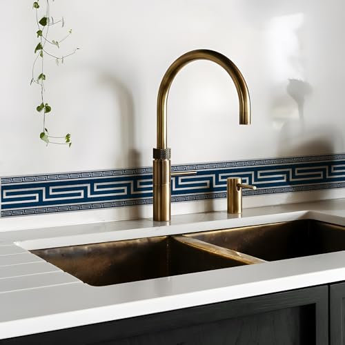 funlife 4M Brushed Blue Greek Key Pattern Wallpaper Border Peel and Stick, Vintage Decorative Wall Borders Trim Molding Peel and Stick Bedroom Living Room Home Decor, Brushed Greca