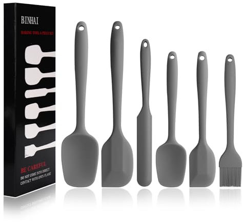 BINHAI Juego de espátulas de silicona, color gris, 6 espátulas de goma antiadherentes con núcleo de acero inoxidable, juego de utensilios de cocina resistentes al calor para cocinar, hornear y mezclar