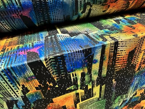 Stickerei-Stretch-Spandex-Stoff, Einzel-Jersey-Stoff, Meterware – New York City Wolkenkratzer-Druck – mehrfarbig