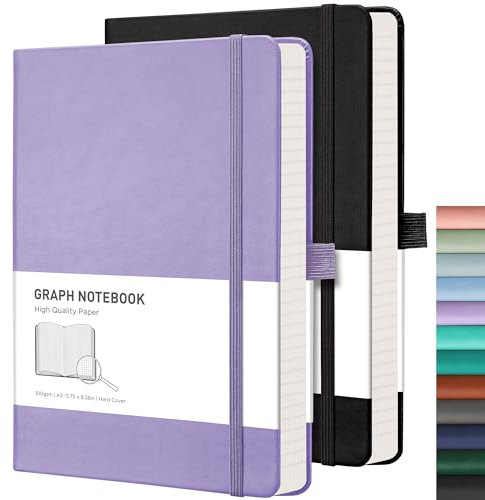 RETTACY Notizbuch Kariert A5 2er Pack - 384 Seiten quadratisches Notizbücher mit 100gsm kariertes Papier, Stifthalter, Innentasche, für Büro Schule Arbeit Frauen Männer 14.5 x 21cm-Lila