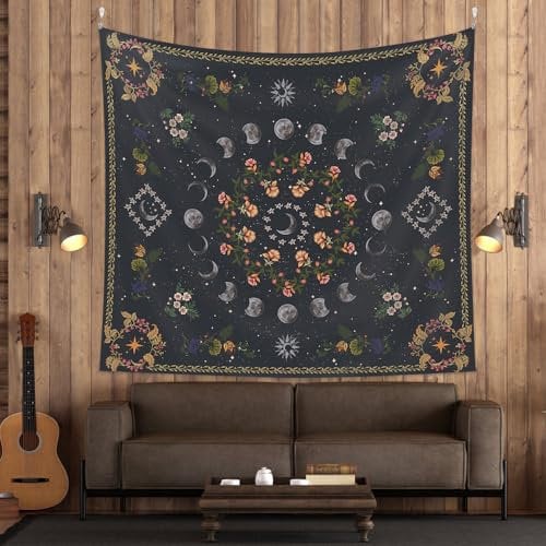 KLYNGTSK 130mx150m Mond Wandteppich Mondphasen Wandtuch mit Blumen Mond Floral Tapisserie Ästhetische schwarze Wandteppiche Gothic Trippy Tapestry Wandtuch für Schlafzimmer Wohnheimzimmer Dekoration