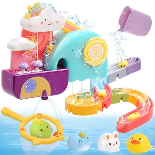 CUTE STONE Jouet de Bain pour bébé, Jouet de Baignoire avec Piste de Construction de Toboggan Aquatique, Jouets flottants sans Trou, Jeu de Filet de pêche au Canard, Cadeaux pour garçons et Filles