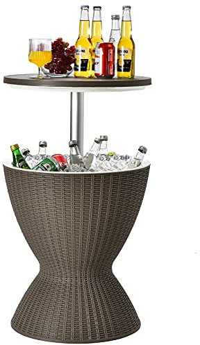 GOPLUS 3 en 1 Mesa Nevera para Jardín, 30L Cool Bar de Altura Ajustable, Mesa de Hielo con Tapón de Drenaje de Imitación de Ratán, Mesa de Cóctel de Patio para Fiesta Camping Exterior (Marrón)