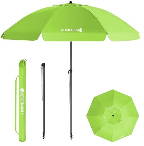 HOMEDEMO Parasol Plage Inclinable avec Revêtement Argenté, Protection Solaire UV50+, avec Pied d'Ancrage à Visser & Housse de Protection, pour Terrasse, Piscine, Marché, 200cm, Vert Pomme
