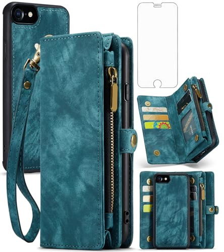 Phone Case for iPhone 7/8/SE 2020/2022 Zipper Wallet Cover with Screen Protector and Flip Card Holder Cell iPhone7 iPhone8 7s 8s i SE2020 SE2022 2/2nd/3/3rd Generation SE2 SE3 7SE 8SE Women Men Blue