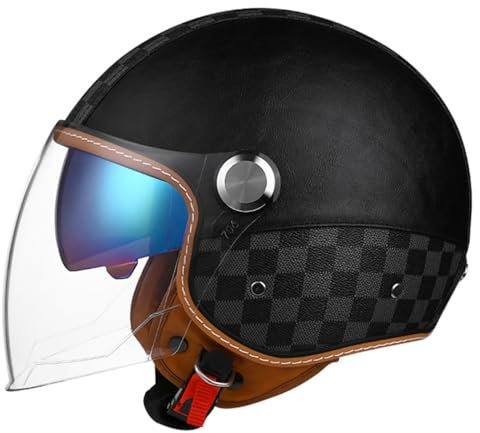 Vintage Casco Moto Jet Pelle Mezzo Casco ECE Omologato Caschi Cromwell Casco Anticollisione Di Sicurezza Con Doppia Visiera Casco Faccia Aperta Per Scooter Chopper Cruiser 5,M:57-58CM