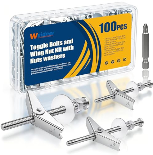 weideer 100Pcs Toggle Bolts 1/8 3/16 1/4 Heavy Duty Drywall Anchors and Screws Assortment Set Toggle Bolts and Wing Nut Kit with Nuts washers (25sets) K-136