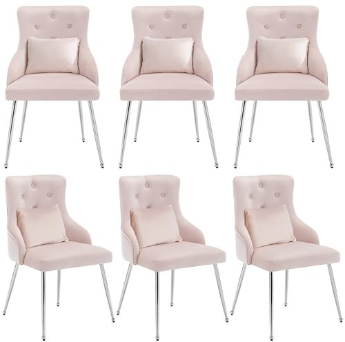 Merax Lot de 6 chaises de salle à manger avec coussin lombaire - Fauteuil moderne avec dossier haut et pieds en métal - Pour salon, chambre à coucher - Velours - Rose