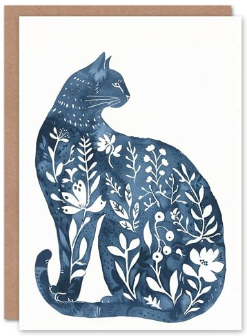 Artery8 Blue Boho Floral Cat Lover Animal Watercolour Blank For Him Or Her Art Birthday Card