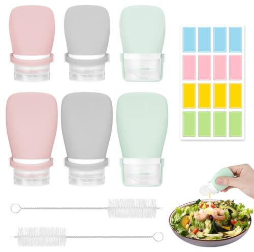 DIBALIYI 6 Pcs Leak-proof Squeeze Salad Dressing Container, Portable Sauce Condiment Bottles with 2 Pcs Cleaning Brush, Mini Silicone Food Storage Bottle for Travel Barbecues School Lunch Work