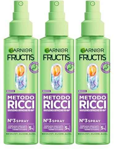Garnier Fructis Méthode Boucles Étape n°3 Spray Hydratant avec Acide Hyaluronique et Beurre de Karité Définit Nourrit et Revitalise les Boucles Formule Vegan Sans Silicones - 3 Flacons de 150ml
