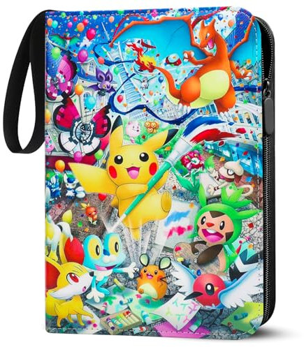 Karten Sammelalbum für Pokemon Karten, 900 Karten Kapazität, PU-Leder, wasserdicht, mit Reißverschluss, 9-Taschen Design, langlebiger Sammelordner für Sammler,50 Pcs Seite