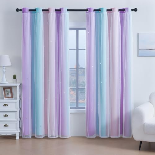 2 Panels Blackout Curtains for Bedroom,Double Layer Kids Curtain,Star Window Colorful Rainbow Curtain,Girl children Eyelet Curtains for Bedroom,Living Room,Nursery Room (Blue&Purple&Pink, W52×L63)