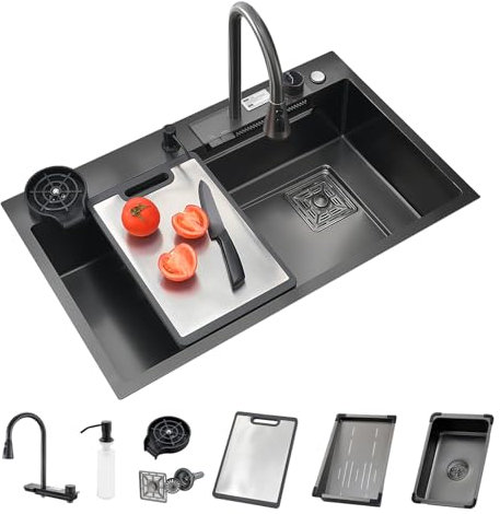 Lavabo cascada sobre encimera con Grifos negro cocina fregadero Fregadero de cocina Multifuncional con Accesorios (Negro, 81x45CM)