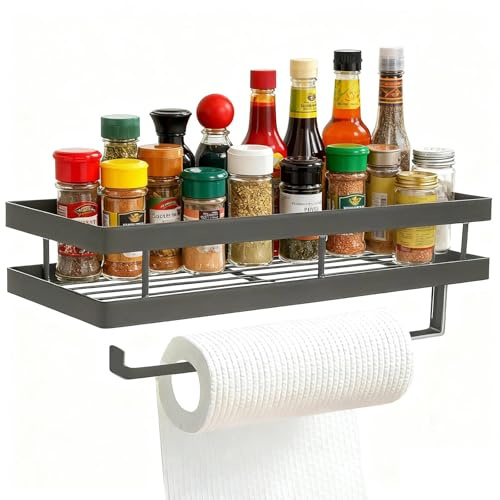 LWLWA Gewürzständer 35 cm, Multifunktionale Hängeregal Küche, Küchenorganizer Regal mit Haken und Papierrollenhalter, Dunkelgraue Wandregal Küche, für Küche, Bad und Wohnzimmer