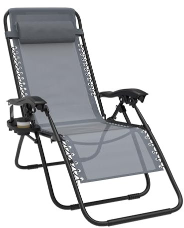 AufuN Klappbarer Liegestuhl, Sonnenliege Gartenliege Gartenstuhl Relaxliege Verstellbar Rückenlehne mit Getränkehalter & Kissen, Verstellbarer Rückenlehne, für Outdoor Garten Terrasse, Grau