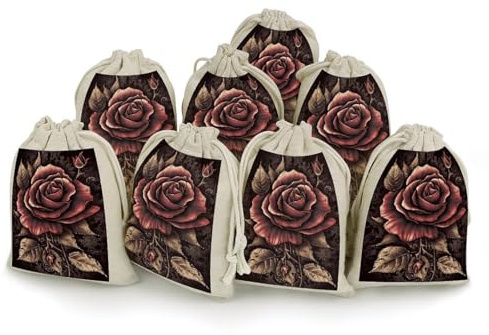 Cotton Muslin Bag 8 Pack Drawstring Gift Bags Reusable Gothic Rose Gift Pouches for Party Favors Jewelry Spice Sachet Birthday Party Bridal Shower Wedding Home Storage 5 X 7 Inch