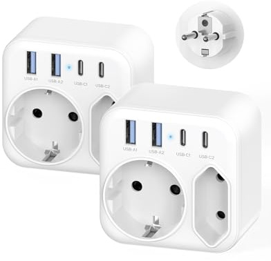 ANVODE Doppelsteckdose mit 4 USB, Mehrfachsteckdose 2 Fach, 2 Stück | Mehrfachstecker für Steckdose: 2x USB-C, 2x USB-A, 1x Schuko, 1x Euro. 3680 W / 16 A, Ohne Kabel, Für Zuhause, Büro & Reisen