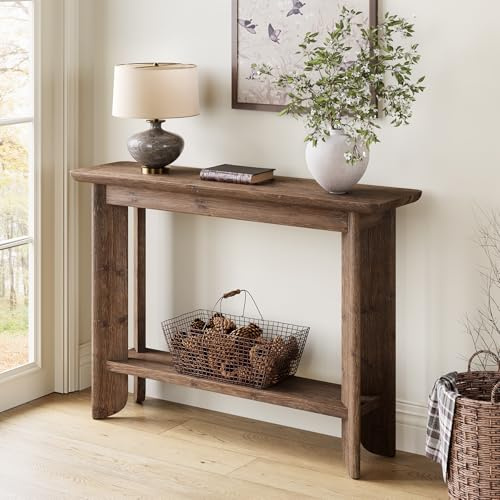 TRIBEWOOD Konsolentisch, 105 cm lang, 2-stöckiger Eingangstisch, Sofatisch mit Stauraum, Beistelltisch, Flurtisch, Bauernhaus-Holz hinter Couchtisch für Wohnzimmer, Flur, Eingangsbereich,Dunkle Walnu