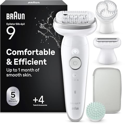 Braun Epilateur Electrique Femme Silk Epil 9 SkinSpa 9-080, Argent | Etanche, sans Fil, Tête Pivotante, Coffret Epilation Tout-en-Un, Sabot Tondeuse, Coussin de Massage, Brosse Exfoliante