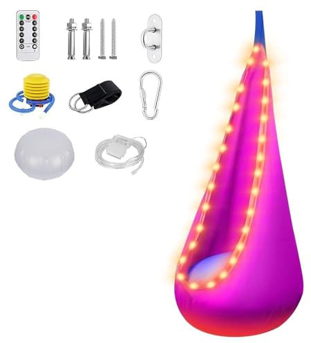 Hängehöhle, ADDLIVE Hängesessel mit LED und Aufblasbarem Kissen, 70 * 150 cm Hängesack, 16 Farbwechsel Hängeschaukel Max 80kg für Den Innen und Außenbereich, Rosa