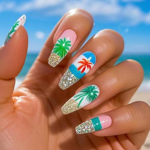 24 Stück lange Ballerinas, künstliche Nägel, Kokosnüsse, Baum, zum Aufdrücken auf Acryl, glitzernd, volle Abdeckungen zum Aufkleben