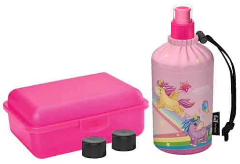 Emil Glas Trinkflasche Starterset 0,3l Rainbow – mit Brotbox & 3 Verschlüsse, isolierte Kinderflasche für Kita, Kindergarten & Schulstart, schadstofffrei