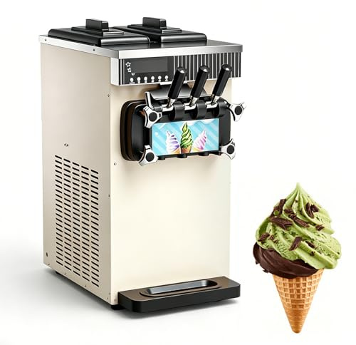 Countertop Ice Cream Maker 15-21L/H, Commercial Soft Serve Machine 3.5L*2 Dual Hopper, 3-Flavor Output for Ice Cream Shop Bakery Restaurant Cream