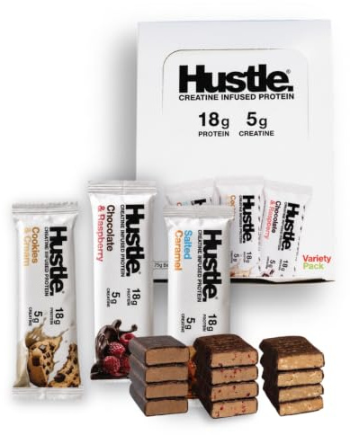 Hustle – Creatine Infused Protein Bars, Variety Pack, 18g Protein, 12 Bars | Discover three incredible flavors, each containing 5g creatine and 18g protein.
