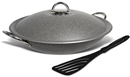 Aeternum New Trudi Wok con Coperchio e Spatola, Alluminio, Effetto Pietra, 36 cm