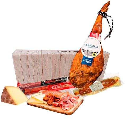 Lote de Navidad con jamón, salchichón y chorizo ibérico de bellota, lomo curado (en mitad), cuña de queso y jamón gran reserva duroc