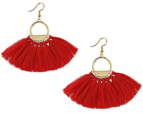 Suyi Women Tassel Earrings Bohemia Fan Shape Thread Tassel Statement Drop Dangle Earrings for Girl Lady Red