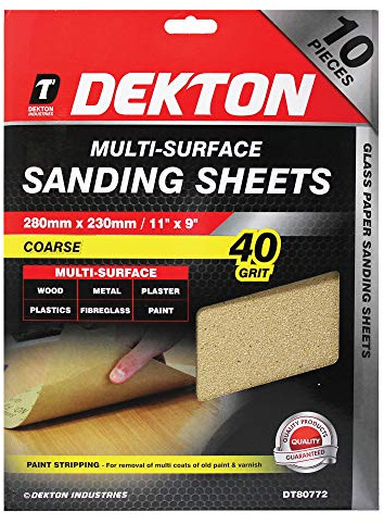 Dekton 10PC Multi-Purpose Sanding Sheets, 230mm/Coarse - 40 Grit | Ideal for Surface Sanding | Multi-Surface Use on Wood, Metal, Plaster, Plastics & Paint | Heavy-Duty Sanding Performance