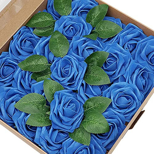 CATTLEYAHQ 25 pezzi di fiori artificiali di rose, rose realistiche, bouquet da sposa, decorazioni per il tavolo da pranzo della cucina della casa di nozze (blu)