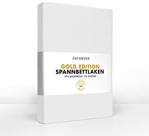 Jacobson Gold Edition Jersey Spannbettlaken Spannbetttuch Baumwolle mit ELASTAN ca. 200 g/m² (90x200 cm - 100x200 cm, Weiss)
