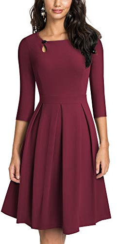 HOMEYEE Damen Vintage Aushöhlen Rundhals Abgefackelt Plissee Cocktailkleid A223 (M, Karminrot)