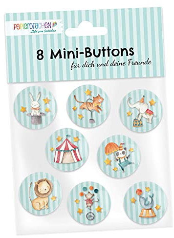 Papierdrachen 8 Mini Buttons (25mm) als Give Away für den Kindergeburtstag | Dekoration für Mäppchen oder Schulranzen | Geschenk zur Einschulung - Design Zirkus - Set 3