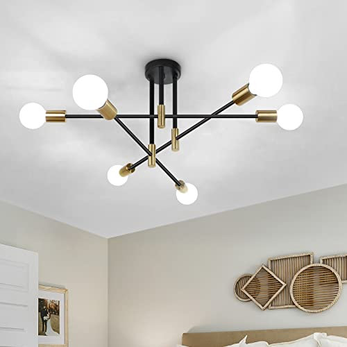 KMaiPem Schwarz Gold Deckenlampe Wohnzimmer, Verstellbarer Drehbarer Sputnik Modern Kronleuchter, 6 Flammig Industrielle Metall Landhaus Vintage Deckenleuchte Schlafzimmer, Küche