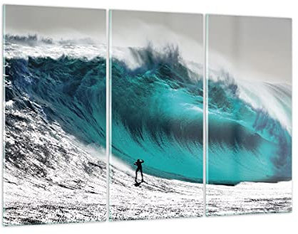 Mehrteilige Bilder auf Glas 165x110cm Glasbild Surfen Welle Türkis Groß XXL Wanddeko Schlafzimmer Küche Set 3 teilige Wandbilder Dekoration Wohnzimmer Modern Wand Kunstdruck Art GCE165x110-4351