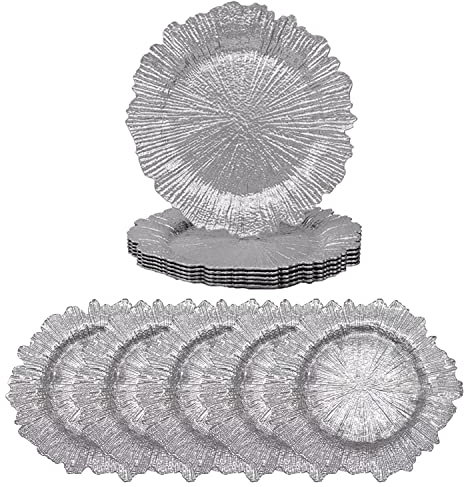 Trimming Shop Decorative Charger Plates for Parties, Vintage Design Glass for Dinner Table Decoration, Weddings, Birthday, Party, Tableware, Catering Events, 33cm, Shiny Silver, 6pcs