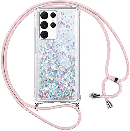 Vauki Coque Samsung Galaxy S22 Ultra 5G avec Cordon,Paillette Liquide Transparent Crystal Glitter Housse,Protection Antichoc Silicone Souple TPU Bumper Case,Réglable Collier pour Samsung S22 Ultra