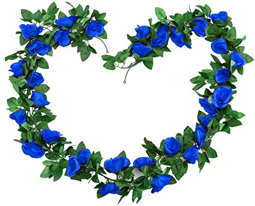 HXDISWSM Ghirlanda di fiori artificiali, 2 pezzi, 4,5 m x 2 pezzi, colore blu reale, in seta, da appendere, edera, casa, hotel, ufficio, festa di nozze, giardino, decorazione artistica