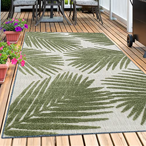 Carpetsale24 Outdoor Teppich Modern, Florales Palmen Design 3D Optik, Rechteckig, Beige mit grünen Mustern, Hoch-Tief Effekt, Wetterfest, für Balkon, Garten, Terasse, Küche, Größe: 140 x 200 cm