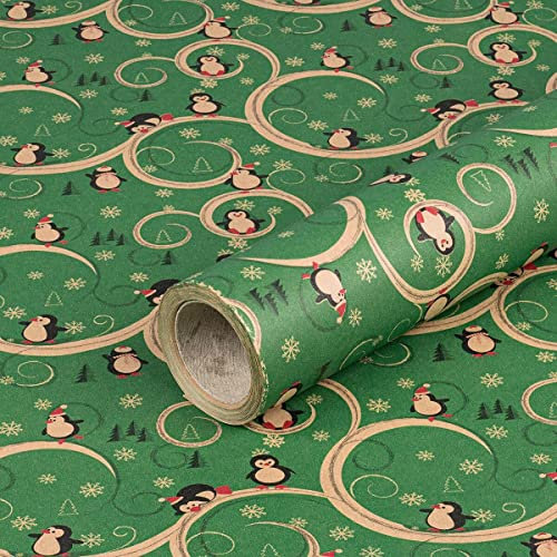 Geschenkpapier Pinguine, Grün, Weihnachtspapier, Kraftpapier 0,70 x 10 m