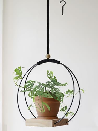 Dravmola Suspension pour Plantes avec Base en Bois - Support Macramé Bohème pour Décoration Murale/Fenêtre/Chambre - Noir (Pot Non Inclus)