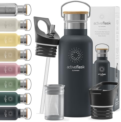 Gourde Inox Isotherme ACTIVE FLASK 1l/500ml sans BPA + Paille (3 Bouchons) | Bouteille d’eau Acier Inoxydable Isolée, Thermos Réutilisable | Camping Velo Sport Running Randonnée Enfant, Café The