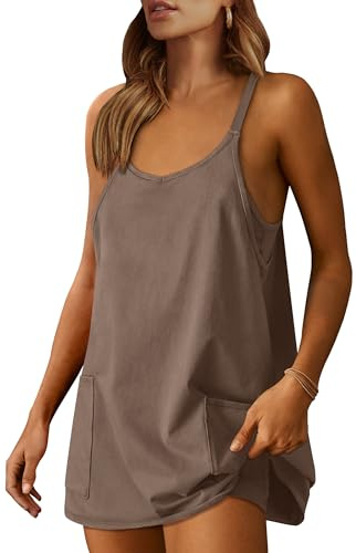 ANRABESS Women Athletic Dress Summer Tennis Workout Active Sports Mini Romper Dress Built in Shorts Travel Vacation Clothes Coffee Small