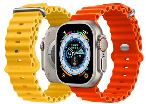 NUKELOLO 2 Stück Ocean Armband Kompatibel mit Apple Watch Ultra 49mm 46mm 45mm 44mm 42mm 41mm 40mm 38mm, Soft Silikon Sport Armband für iwatch Series 10 Ultra 9 8 7 6 5 4 3 2 1 SE, Gelb/Orange